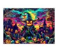 Luminora 7x5ft Polyester Fabric Halloween Magic Fluorescence Pumpkin Grand Wizard Backdrop Moon Haunted House Skeleton Background Pumpkin Head Decoration Kids Party Photo Banner