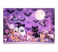 Luminora 7x5ft Polyester Fabric Purple Halloween Night Cartoon Ghost Backdrop Cute Black Cat Bats Pumpkin Light Floral Background Witch Hat Spider Web Decor Photo Banner Props