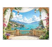 Luminora 7x5ft Polyester Summer Lakeside Villa Backdrop Romantic Balcony Blue Sky Background Mediterranean Scenery Banner Decorations Travel Theme Parties Photo Booth Props