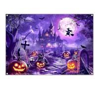 Luminora 7x5ft Purple Halloween Castle Backdrop Spooky Cemetery Tombstone Black Cat Bat Ghost Background Witch Full Moon Haunted House Decor Photo Banner
