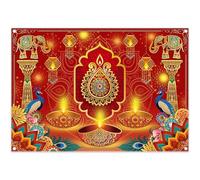 Luminora 7x5ft Red Golden Autumn Diwali Backdrop Peacock Elephant Flowers Candles Oil Lamp Background Indian Festival Party Decor Photo Banner Props