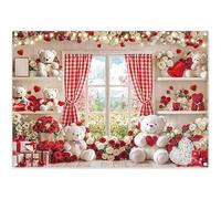 Luminora 7x5ft Red White Valentine’s Day Backdrop Toy Bear Rose Curtains Gift Window Background Couples Anniversary Party Decorations Photo Banner Props