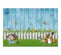 Luminora 7x5ft Spring Blue Wooden Wall Photography Backdrop Easter Garden Floral Background Butterfly Grass Kids Banner Photo Booth Studio Props