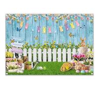 Luminora 7x5ft Spring Easter Blue Wooden Wall Backdrop White Fence Bunny Colorful Eggs Grass Flag Garden Background Baby Kid Party Decoration Photo Banner Booth