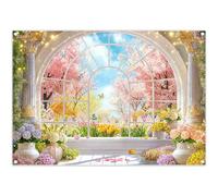 Luminora 7x5ft Spring Romantic Garden Window Scene Backdrop Cherry Blossoms Tulips Forest Background Wedding Birthday Decorations Photo Banner Props