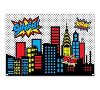 Luminora 7x5ft Superhero Photography Backdrop Cartoon Cityscape Skyline Buliding Background Kids Boys Comics Birthday Party Decorations Photo Booth Banner