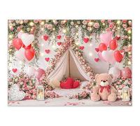 Luminora 7x5ft Valentine's Day Floral Tent Backdrop Pink Rose Heart Balloons Toy Bear Background Anniversary Engagement Wedding Party Decoration Photo Banner Props