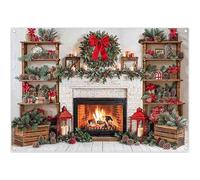 Luminora 7x5ft Winter Christmas Fireplace Backdrop Red Bow Green Xmas Wreath White Brick Wall Pine Cones Background Family Kids Adults Decor Photo Banner Props
