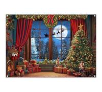 Luminora 7x5ft Winter Christmas Window Backdrop Christmas Trees Snow Forest Santa Claus Red Curtains Background Kids Family Decorations Party Photo Banner