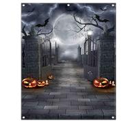 Luminora 8x10ft Halloween Full Moon Night Polyester Backdrop Castle Gate Scary Graveyard Pumpkin Background Spooky Black Bats Decoration Kids Party Photo Banner