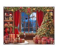 Luminora 8x6ft Winter Christmas Window Wooden House Backdrop Red Curtain Christmas Trees Wreath Gifts Snowy Night Forest Background Happy New Year Decor Photo Banner