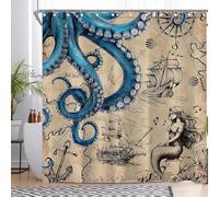 Luminora Brown Nautical Octopus Shower Curtain for Bathroom Fun Ocean Pirate Ship Treasure Map Home Decorations Sets with 12 Hooks Waterproof Polyester 72" x 72"
