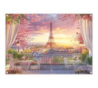 Luminora Fabric 7x5ft Paris Eiffel Tower Backdrop Cityscape Terrace Pink Cherry Blossom Curtain Background Wedding Party Decorations Photo Banner Props