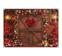Luminora Fabric 7x5ft Valentine's Day Rustic Wood Door Photography Backdrop Red Rose Balloons Flower Background Wedding Anniversary Party Decoration Photo Banner Booth