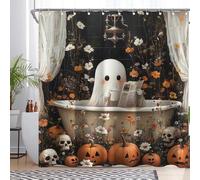 Luminora Halloween Cute Ghost in Bathtub Shower Curtain for Bathroom Wild Floral Gothic Skull Pumpkin Party Decorations Sets with 12 Hooks Waterproof Polyester 72" x 72"