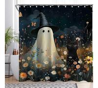 Luminora Halloween Ghost Black Cat Shower Curtain for Bathroom Wild Floral Forest Butterfly Star Night Party Decorations Sets with 12 Hooks Waterproof Polyester 72" x 72"