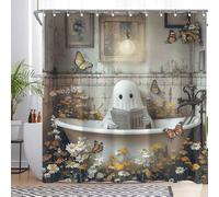 Luminora Halloween Ghost Takes a Bath Tub Shower Curtain for Bathroom Vintage Wild Floral Butterfly Gothic Decorations Sets with 12 Hooks Waterproof Polyester 72" x 72"