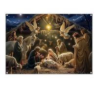 Luminora Polyester 7x5ft Birth of Jesus Farm Barn Backdrop Christmas Nativity Manger Figurine Angel Goat Star Background Baby Shower Decor Party Photo Banner