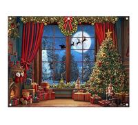 Luminora Polyester Fabric 8x6ft Winter Christmas Window Backdrop Christmas Trees Snow Forest Santa Claus Red Curtains Background Kids Family Decorations Party Photo Banner