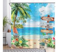 Luminora Tropical Sea Beach Palm Trees Shower Curtain for Bathroom Road Signs Blue Sky Floral Holiday Kids Decorations Sets with 12 Hooks Waterproof Polyester 72" x 72"