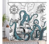 Luminora White Nautical Octopus Shower Curtain for Bathroom Fun Ocean Pirate Ship Treasure Map Home Decorations Sets with 12 Hooks Waterproof Polyester 72" x 72"