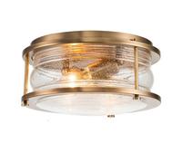 Quintiesse Ashland Bay 2 Light Bathroom Flush Ceiling Fitting In Natural Brass Finish with Clear Seeded Glass