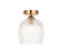 Luminosa Lighting Luminosa Ashcroft Ribbed Bowl Semi Flush Ceiling Light Brushed Aged Brass Plate & Clear Ribbed Glass E27