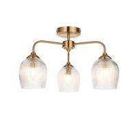 Luminosa Lighting Luminosa Ashcroft Ribbed Multi Arm Semi Flush Ceiling Lamp Brushed Aged Brass Plate & Clear Ribbed Glass 3X E14