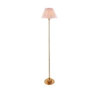 Luminosa Lighting Luminosa Burley Rechargeable Brushed Aged Brass Plate Floor Lamp With Peachy Keen Fabric Leaf Shade 30Cm Integrated Led