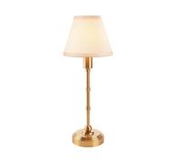 Luminosa Lighting Luminosa Burley Rechargeable Brushed Aged Brass Plate Table Lamp With Vintage White Fabric Ivy Shade 16Cm Integrated Led