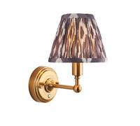 Luminosa Lighting Luminosa Burley Rechargeable Brushed Aged Brass Plate Wall Light With Pearl Grey Fabric Ikat Shade 16Cm Integrated Led