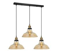 Luminosa Lighting Luminosa Industrial And Retro Hanging Pendant Black, Gold 3 Light With Amber Shade, E27 Dimmable
