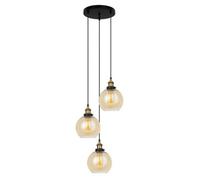 Luminosa Lighting Luminosa Industrial And Retro Hanging Pendant Black, Gold 3 Light With Amber Shade, E27 Dimmable