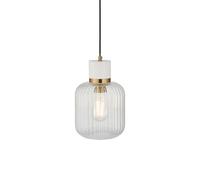 Luminosa Lighting Luminosa Travi Ribbed Slim Pendant Ceiling Light White Volakas Marble, Vintage Brass & Clear Ribbed Glass E27