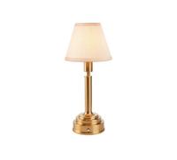 Luminosa Lighting Luminosa Upton Rechargeable Brushed Aged Brass Plate Table Lamp With Vintage White Fabric Ivy Shade 16Cm Integrated Led