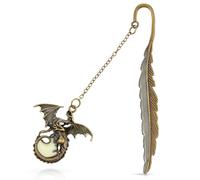Luminous Bookmark Glow in The Dark Feather Embossed Book Mark Antique Dragon Carved Hook Page Markers Pendant Reading Accessories Gift for Bookworm Readers Valentine's Day