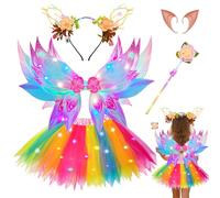Luminous Fairy Costume Children Fairy Costume Unicorn Costume Girls LED Fairy Wings Butterfly Wings Children with LED Tutu Headband Magic Wand Elf Ears for Halloween Carnival Flower Fairy Red