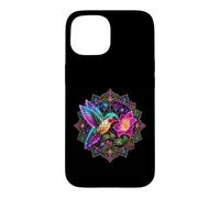 Luminous Hummingbird Flower Mandala Design Case for iPhone 15
