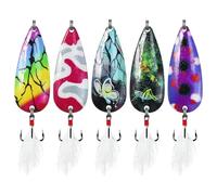 Luminous Spoon Fishing Lures,5pcs 1/7oz Jigs Spoon Lures with Feathered Treble Hooks Metal Spoons for Trout Redfish Bass Tuna Salmon Walleye
