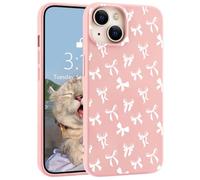 LuminousGuard Cute Kawaii White Bow Phone Case for iPhone 13 Mini, Pink Liquid Silicone Soft Gel Rubber Phone Cover for Women Girls