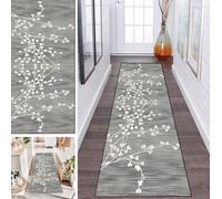 LUMIPAP Rug Runner Hallway Carpet Runner Kitchen Runner Kitchen Rugs Non-Slip Washable Bed Rug for Hallway Laundry Room 90 x 450 cm Light Grey Peach Heart Retro Branches and Leaves