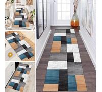 LUMIPAP Runner Hallway Rug Non-Slip 60 x 450 cm Blue/Orange/Grey Surface Connection Washable Non-Slip Washable Sold by the Metre Bedroom Corridor Carpet Runner Long, Adjustable Length, 40-120 cm Wide