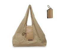 LUMIREX Khaki Foldable Hand Bag, Reusable Shopping Bags That Pack into Keychain, Water-Resistant PU Bag for Groceries and Travel, Portable the Tote Bag for Women, Eco-Friendly Shopping and Beach Tote