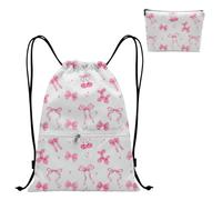 LUMIREX Pink Bow Drawstring Bags and Makeup Bag, Double-Sided Pattern Drawstring Bow Bags with Zipper for Women, Girls, Kids, Waterproof Drawstring Backpack for Swim, Gym, Travel Storage 18x14In