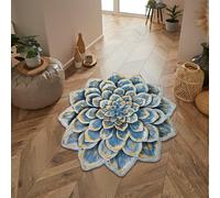 Lumirug Lotus Flower Shaped Rug Plush Floral Carpet Blue Yellow Mandala Style Mat Soft Decorative Accent for Bedroom Living Room Nursery Boho Home Yoga Meditation Floor Decor