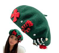 Lumiscent Christmas Theme Berets, Woolen Christmas Beret, Winter Christmas Hat, Christmas Headgear, Wool Beret for Winter,Women, Girls, Christmas and Holiday Green