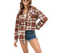 Lumister Oversized Flannel Shirt Women Long Sleeve Plaid Button Buffalo Shirt Blouse Tops with One Pocket, Orange, L