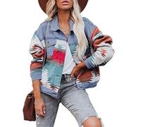 Lumister Women's Aztec Denim Jacket Distressed Lapel Long Sleeve Vintage Button Down Denim Jacket Shacket, Orange, XL