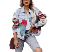 Lumister Women's Aztec Denim Jacket Distressed Lapel Long Sleeve Vintage Button Down Denim Jacket Shacket, Light Blue, XXL