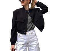 Lumister Women's Fashion Cropped Button Down Lightweight Cropped Bomber Jacket Varsity Shacket with Side Pockets, Black, L